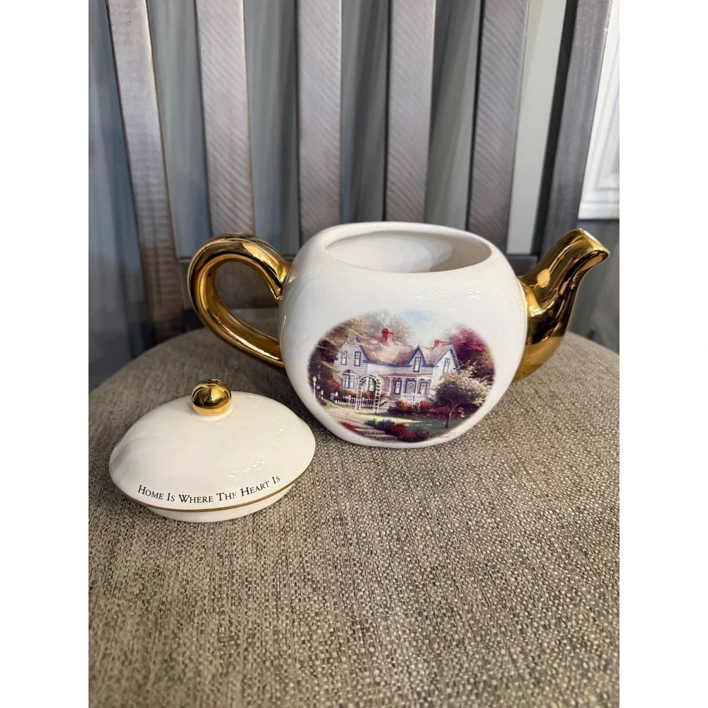 Thomas Kinkade Teleflora Teapot Home Is Where The Heart Is II Gold Trim Ceramic